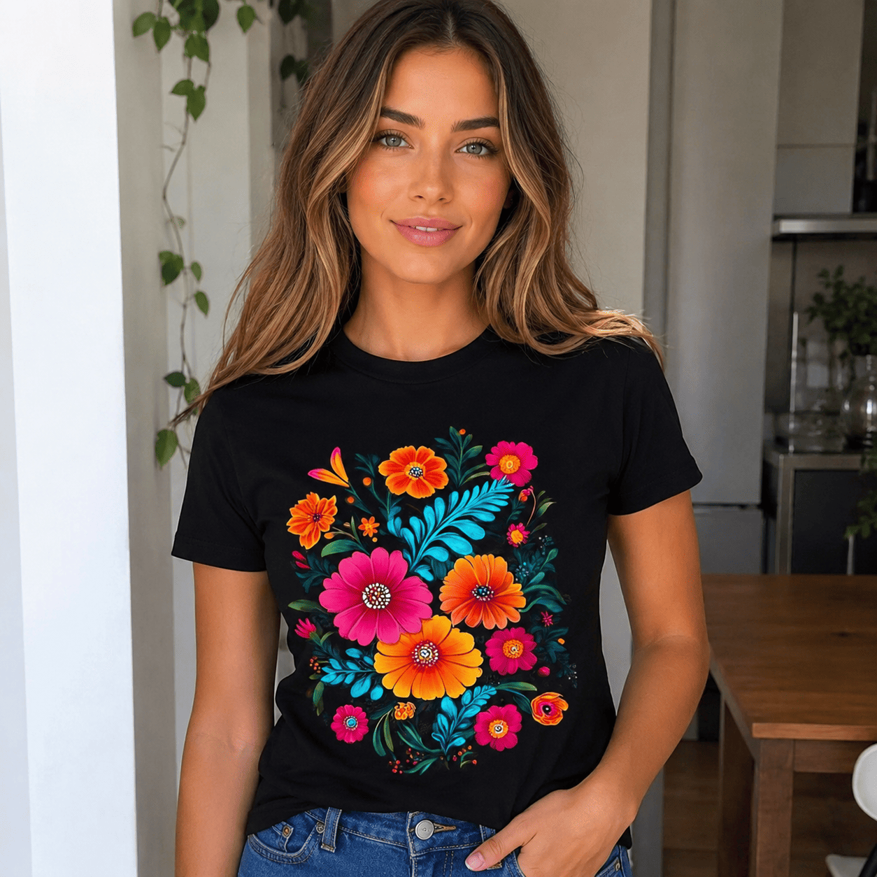 Women Mexican Floral Print T-Shirt Turquoise Hibiscus Casual Summer Crew Neck