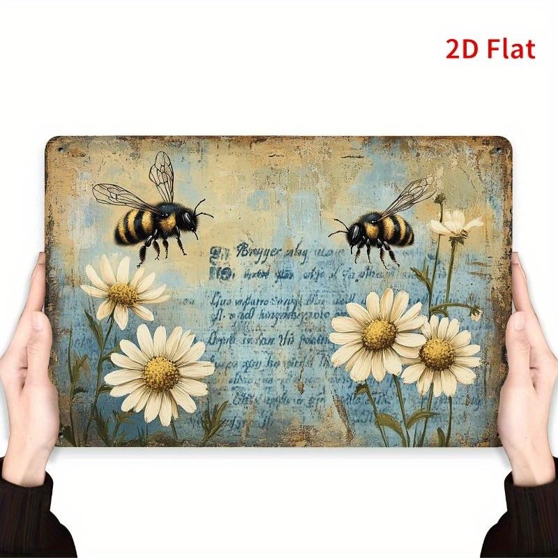 Bee and Daisy Metal Sign - Vintage Botanical Tin Wall Art Decor Plaque