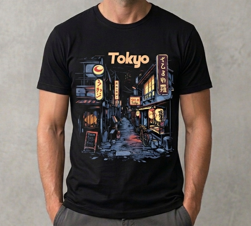 Tokyo Streetwear Tee - Japanese Alleyway Graphic - Retro Neon Night T-Shirt