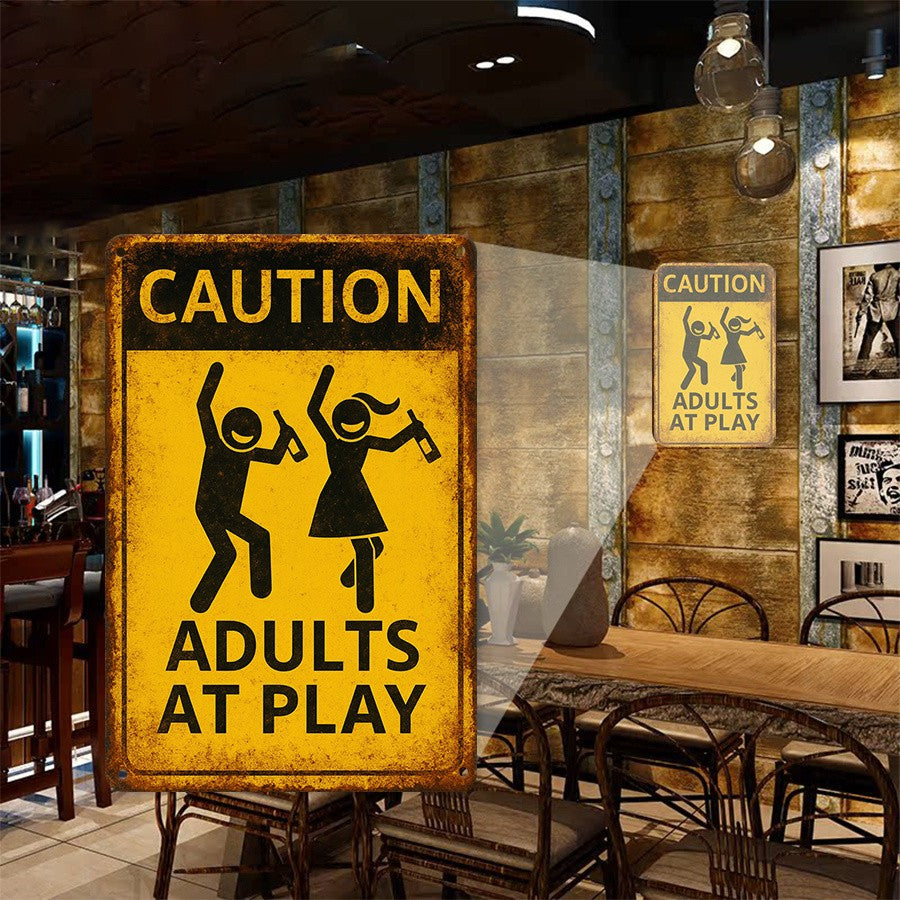 Caution Adults At Play Tin Sign Vintage Metal Funny Drinking Wall Decor Bar Gift