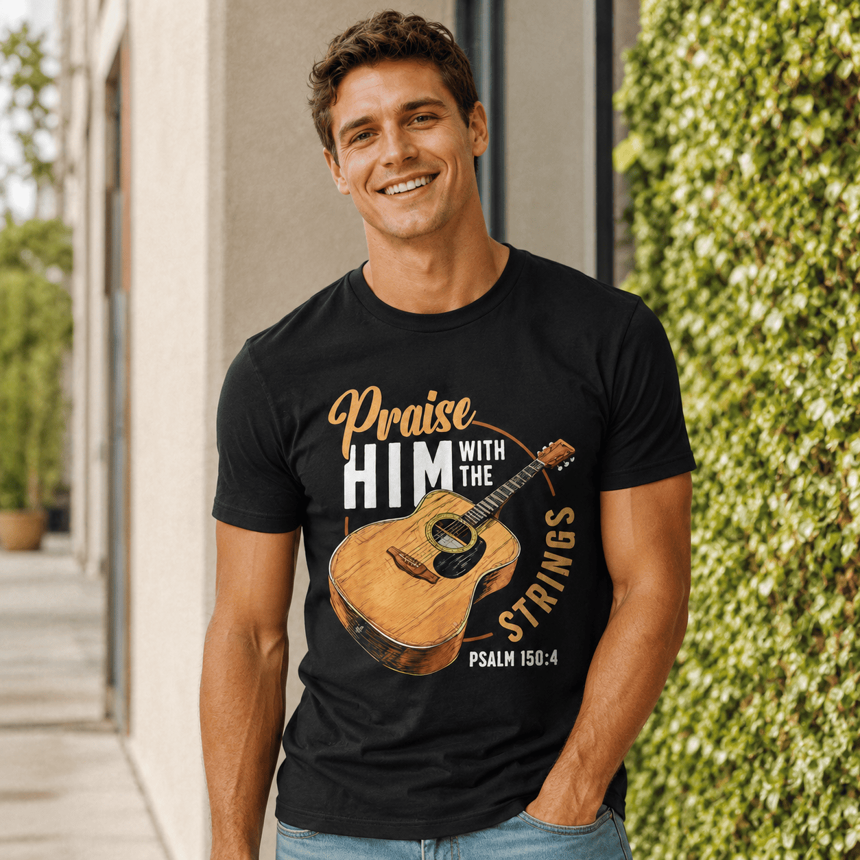 Praise Him With Strings Psalm T Shirt Christian Guitar Faith Graphic Tee