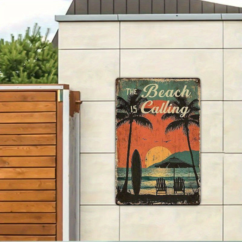 The Beach Is Calling Tin Sign Vintage Metal Tropical Surfboard Wall Decor Gift