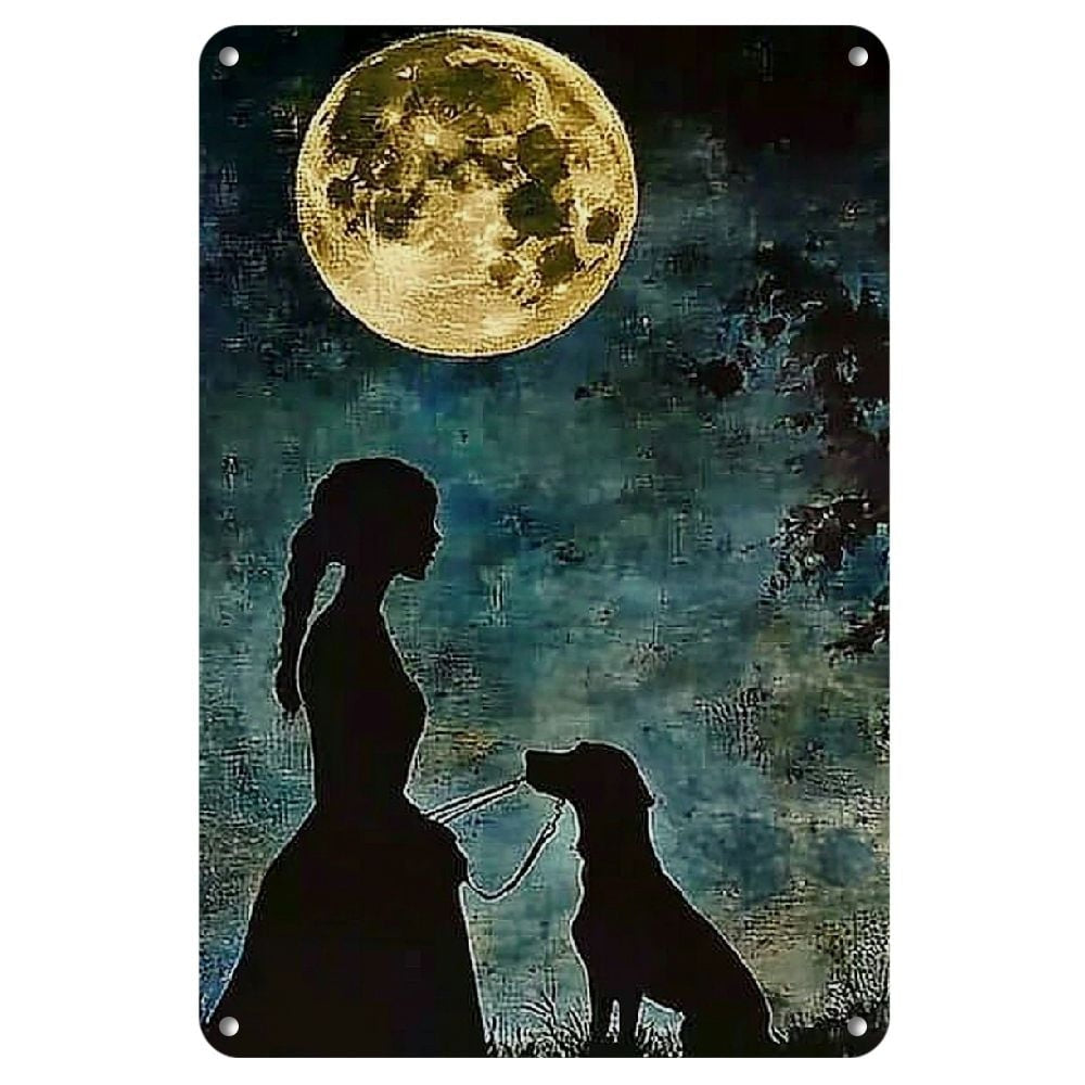Retro Girl Walking Dog Metal Sign Vintage Moonlit Night Landscape Wall Decor