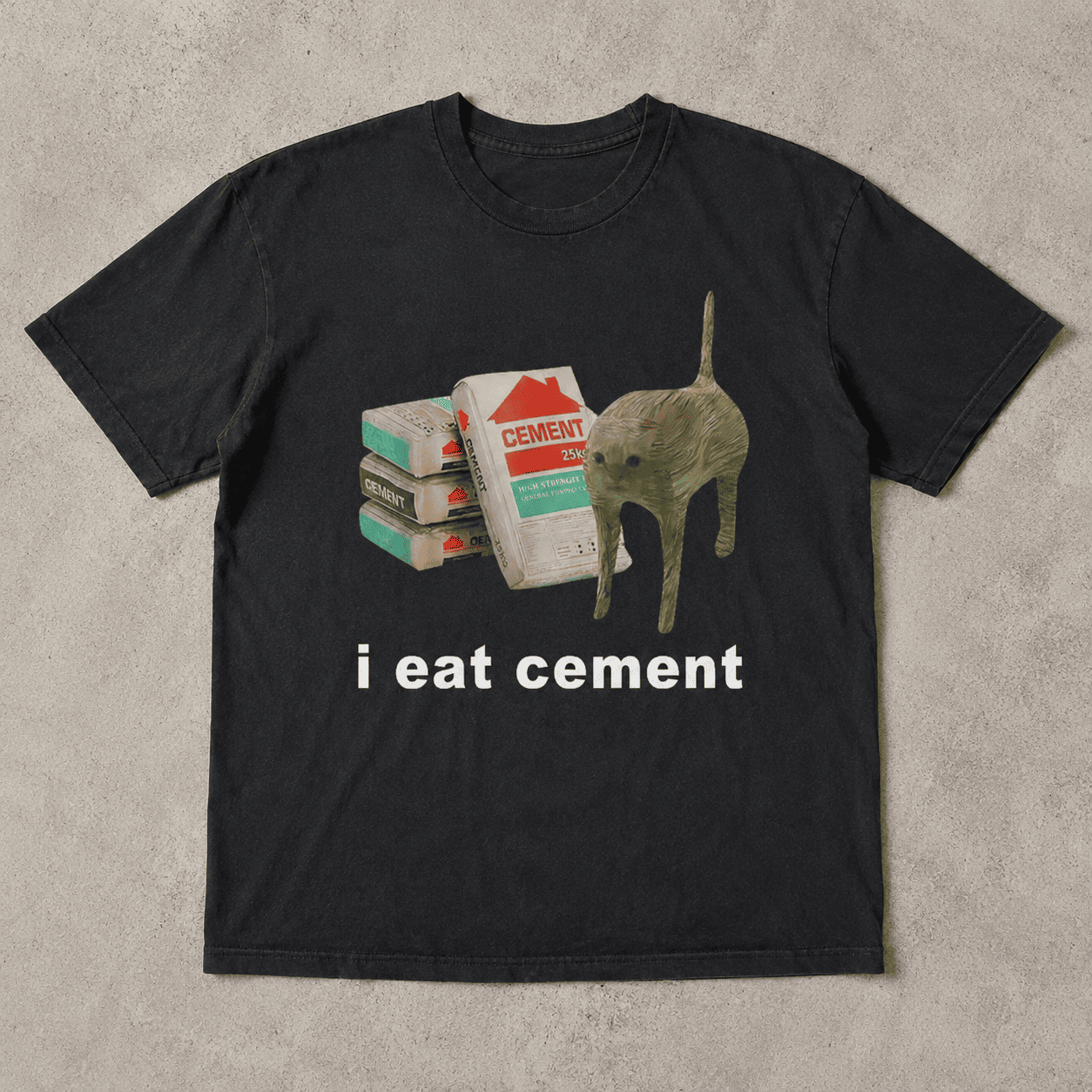 I Eat Cement Funny Cat Meme Shirt Mens Graphic Humor Black T-Shirt