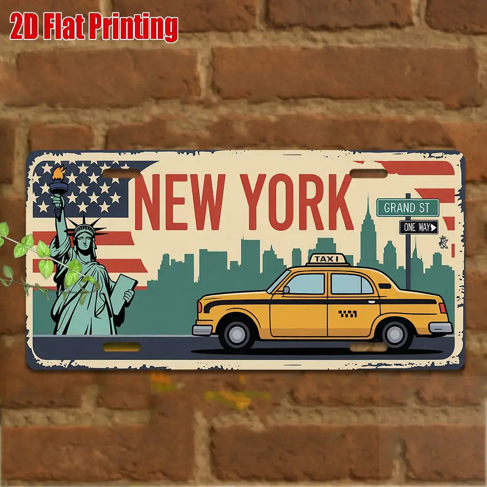 Vintage New York Taxi Metal License Plate Sign Statue of Liberty Wall Decor