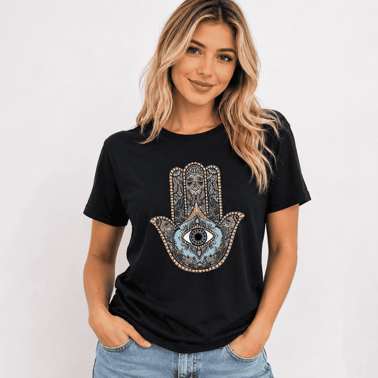Women Boho Hamsa Hand Evil Eye Graphic T-Shirt Casual Short Sleeve Tee Top