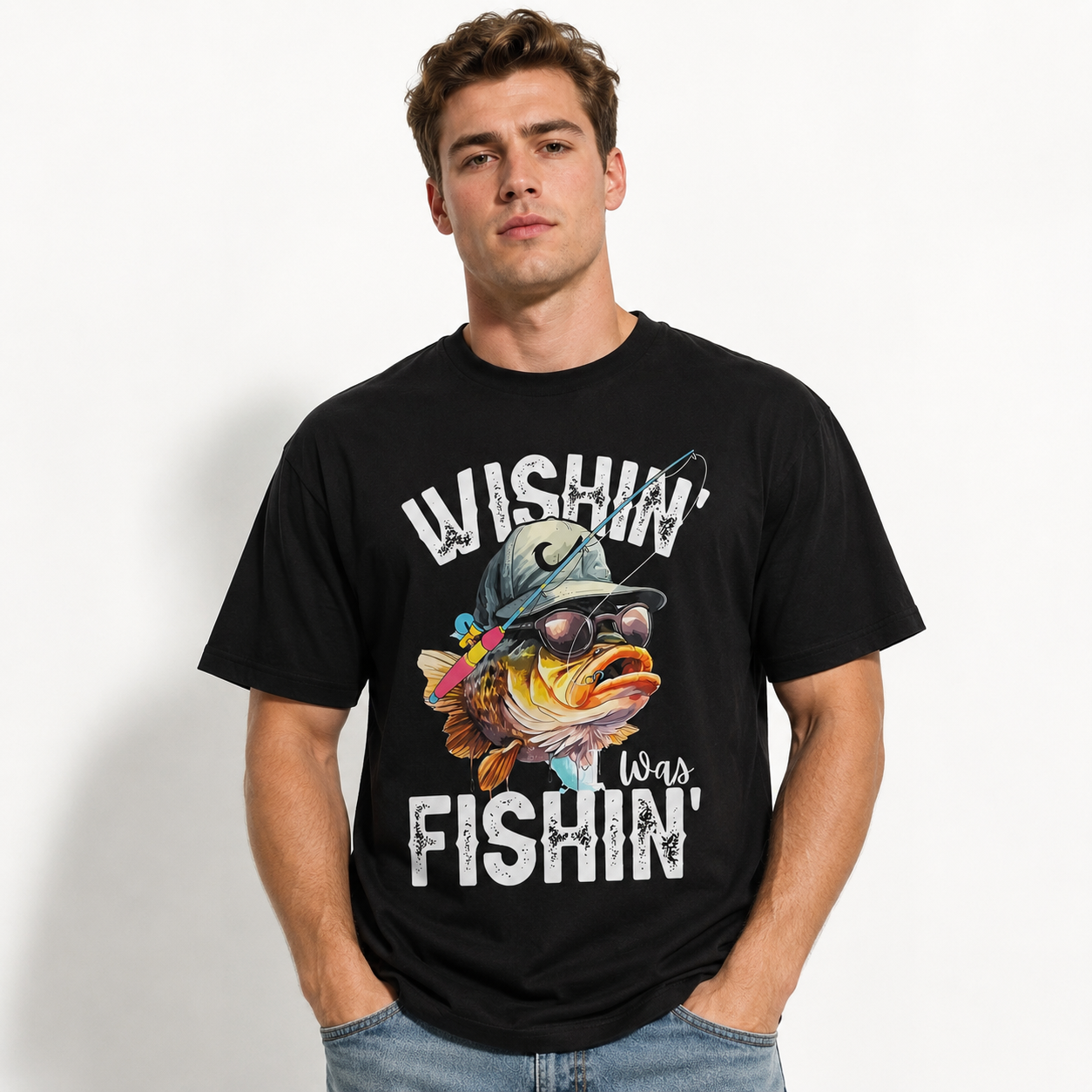 Wishin' I Was Fishin' Bass Graphic Tee – Retro Fisherman Humor Shirt