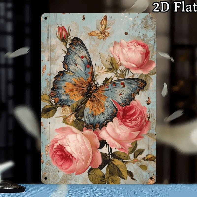 Vintage Butterfly Rose Metal Sign - Retro Floral Bouquet Tin Wall Decor