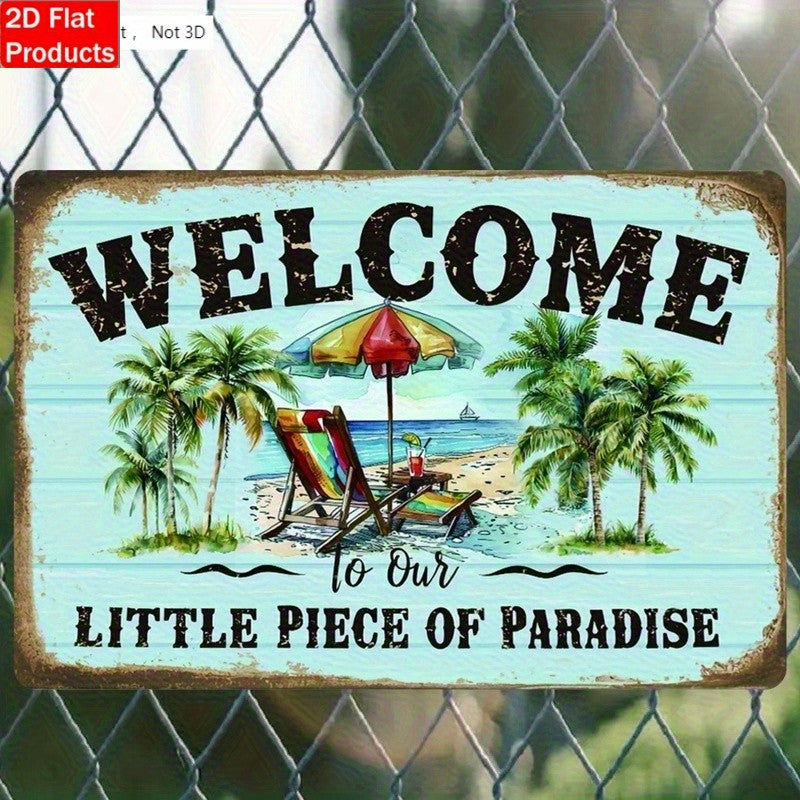 Welcome to Our Little Piece of Paradise" Metal Sign - Beach Tin Wall Decor
