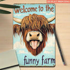 "Welcome to the Funny Farm" Metal Sign - Highland Cow Tin Wall Art Decor