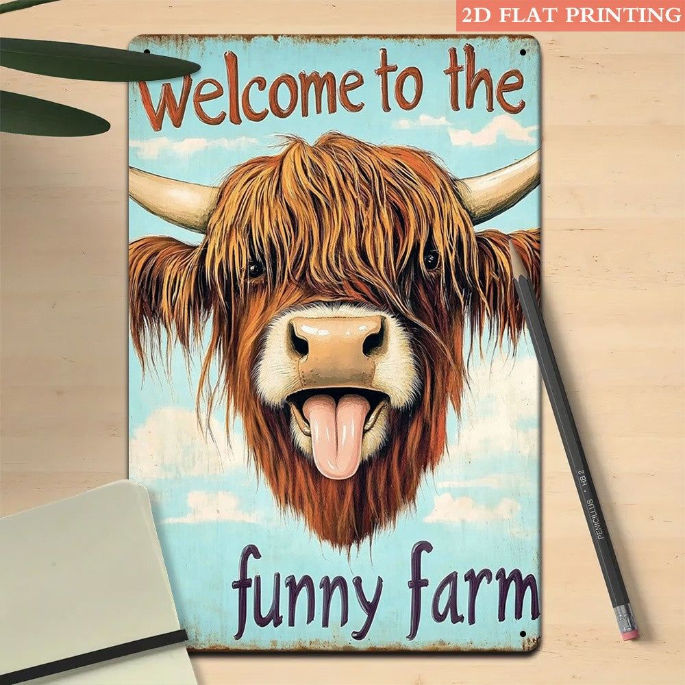 "Welcome to the Funny Farm" Metal Sign - Highland Cow Tin Wall Art Decor