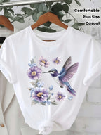Hummingbird Floral Graphic Women’s T-Shirt Purple Flower Bird Nature Casual Tee