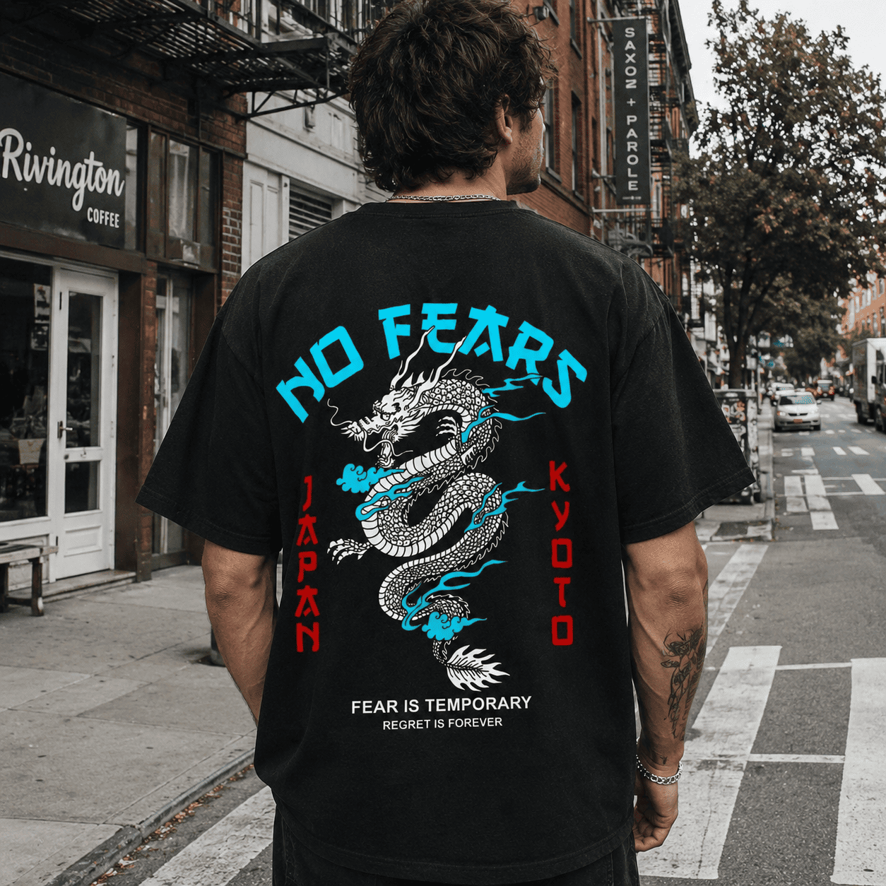 Japanese Dragon No Fears Graphic Tee - Kyoto Streetwear Back-Print Shirt
