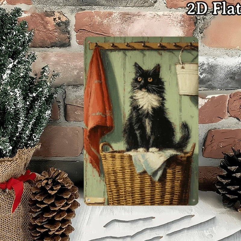 Vintage Tuxedo Cat Laundry Metal Sign - Retro Fluffy Black Cat Tin Wall Decor
