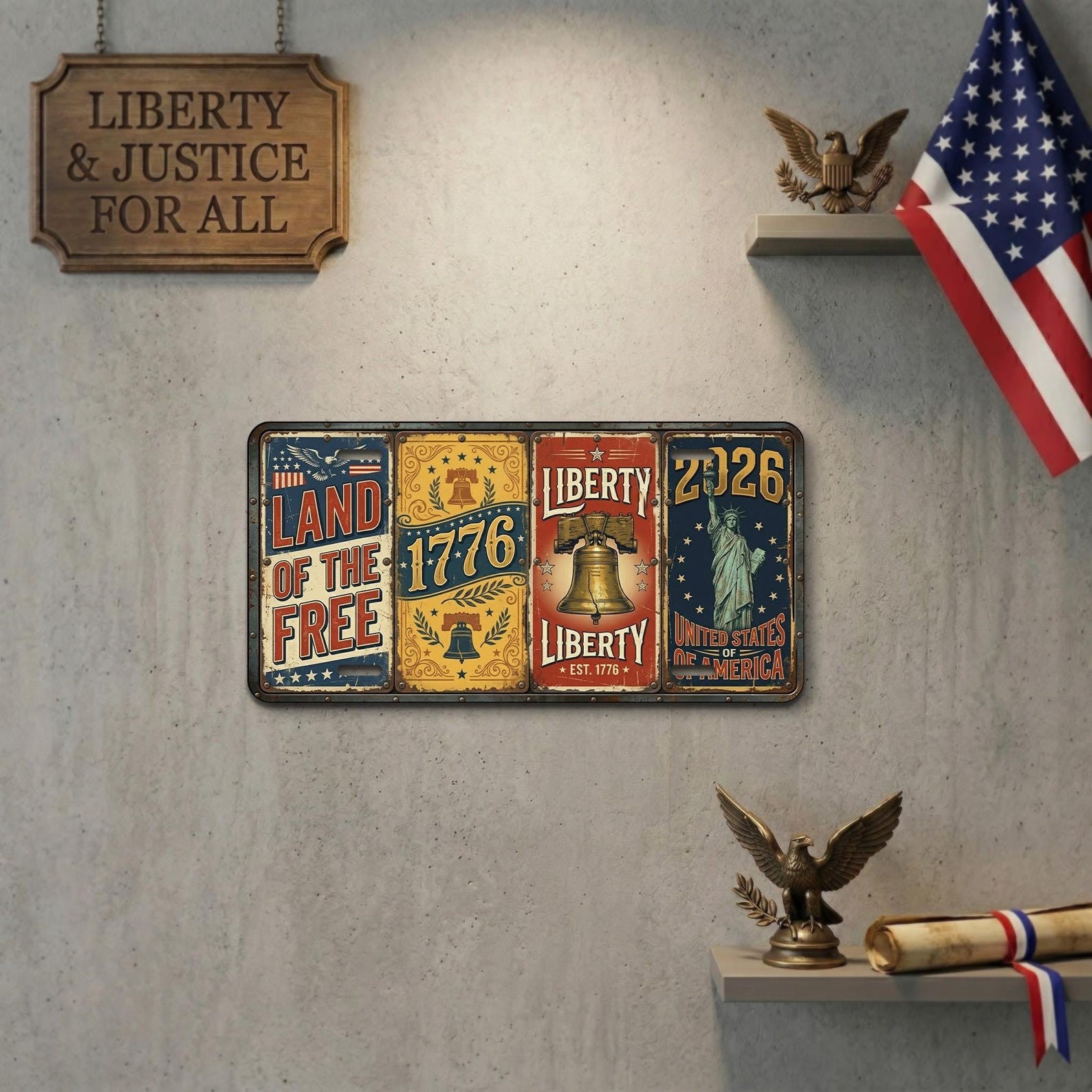 Vintage Patriotic License Plate Sign 1776-2026 USA 250th Anniversary Decor
