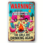 Funny Flamingo Metal Sign - The Girls Are Drinking Again Retro Tin Decor