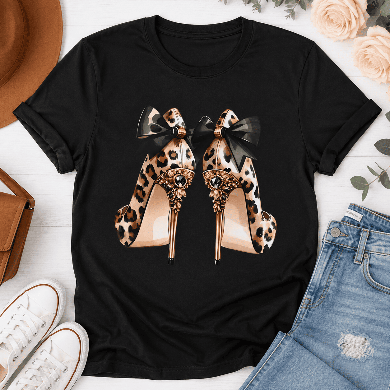 Leopard Stiletto Jewel Graphic Tee – Glamour Aesthetic Casual Tshirt