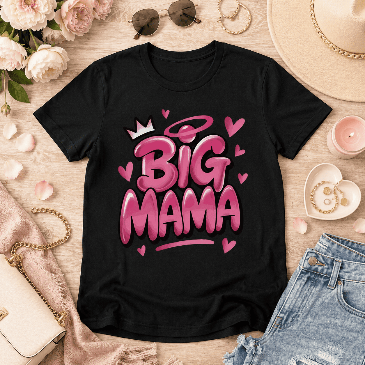 Women Big Mama Graphic T-Shirt Funny Mom Quote Casual Crew Neck Tee Top