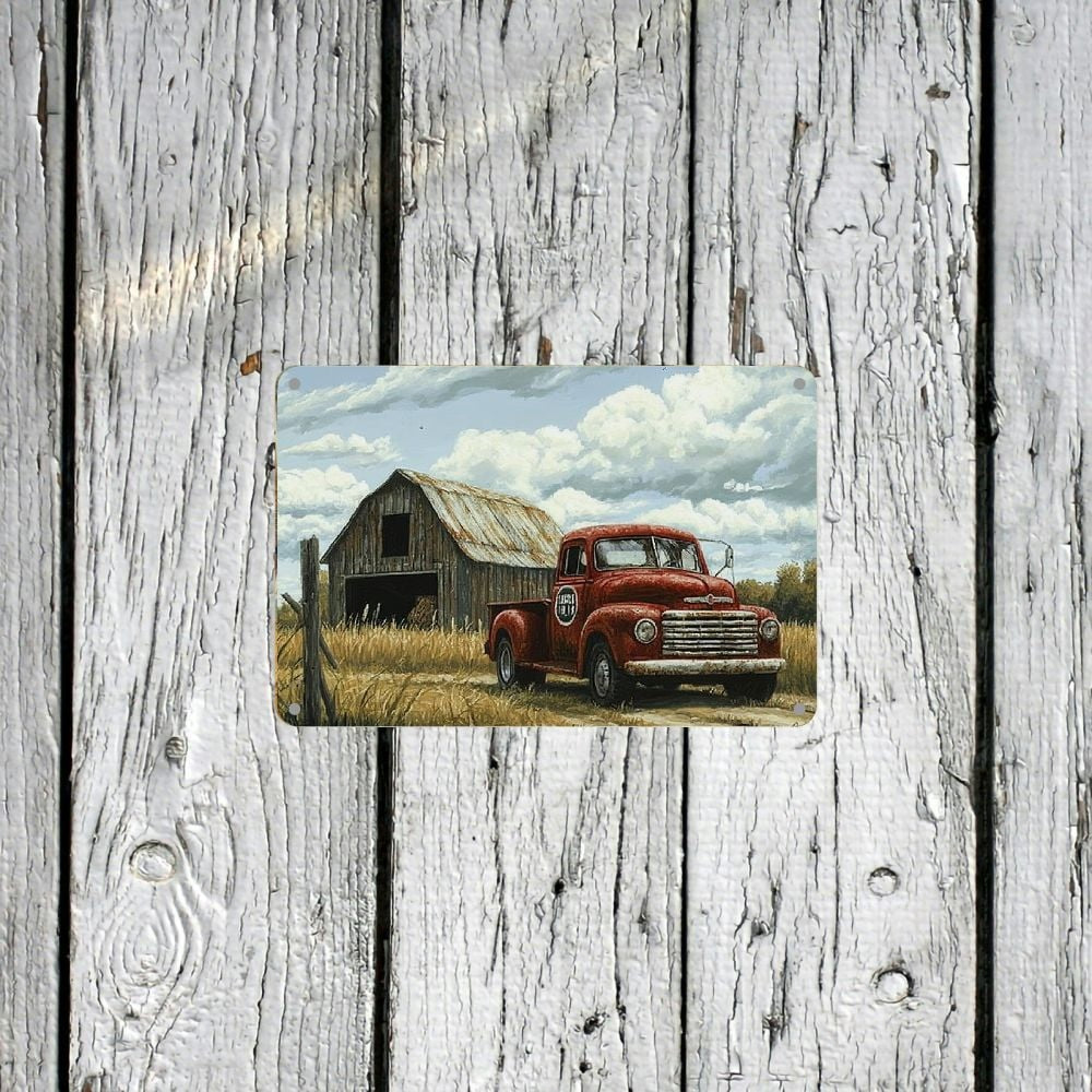 Retro Old Red Truck Metal Tin Sign Vintage Farmhouse Barn Country Roadside Wall