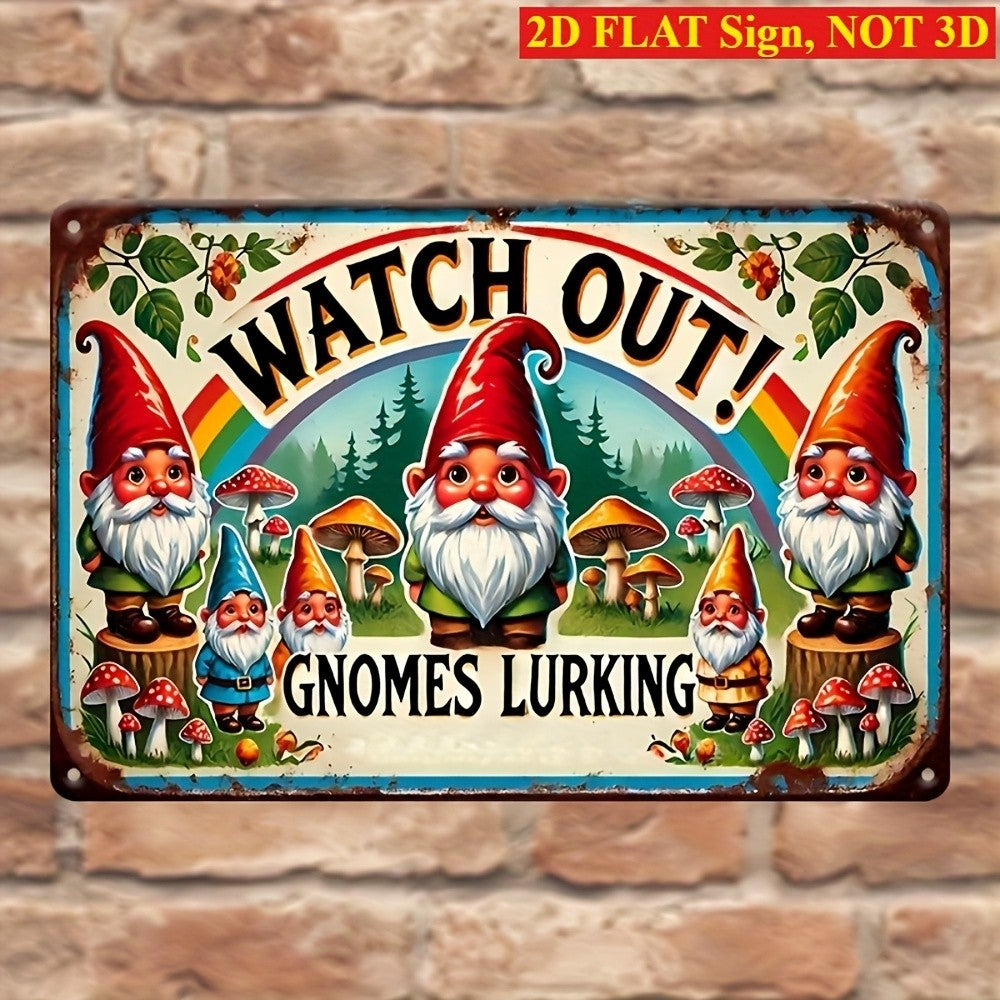Watch Out Gnomes Lurking Tin Sign Vintage Metal Garden Sign Rainbow Wall Decor