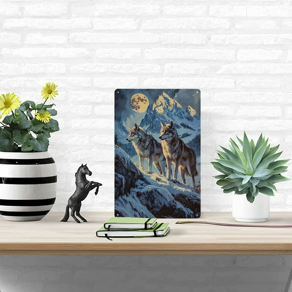 Rustic Wolves Metal Sign Retro Howling Wolf Mountain Landscape Wall Decor