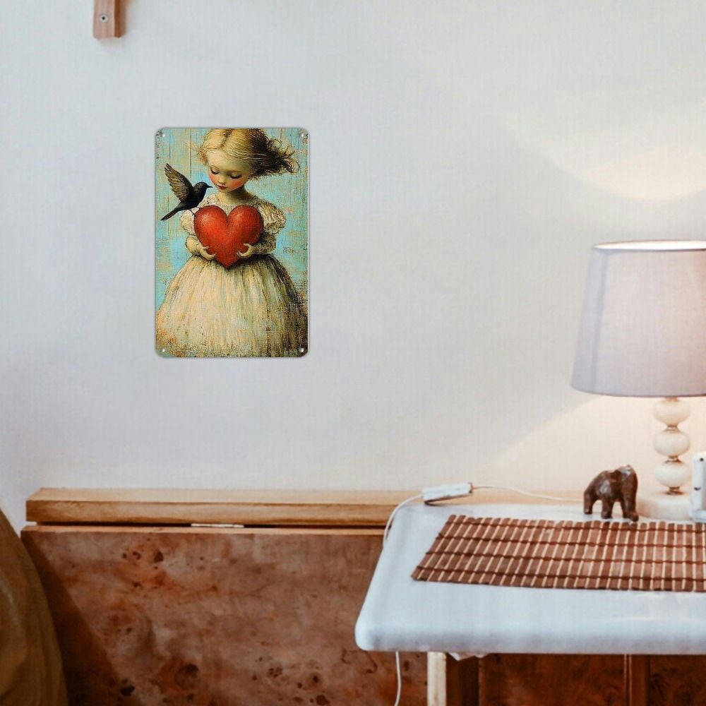 Retro Whimsical Metal Sign Vintage Girl Holding Red Heart Sweet Kitchen Decor