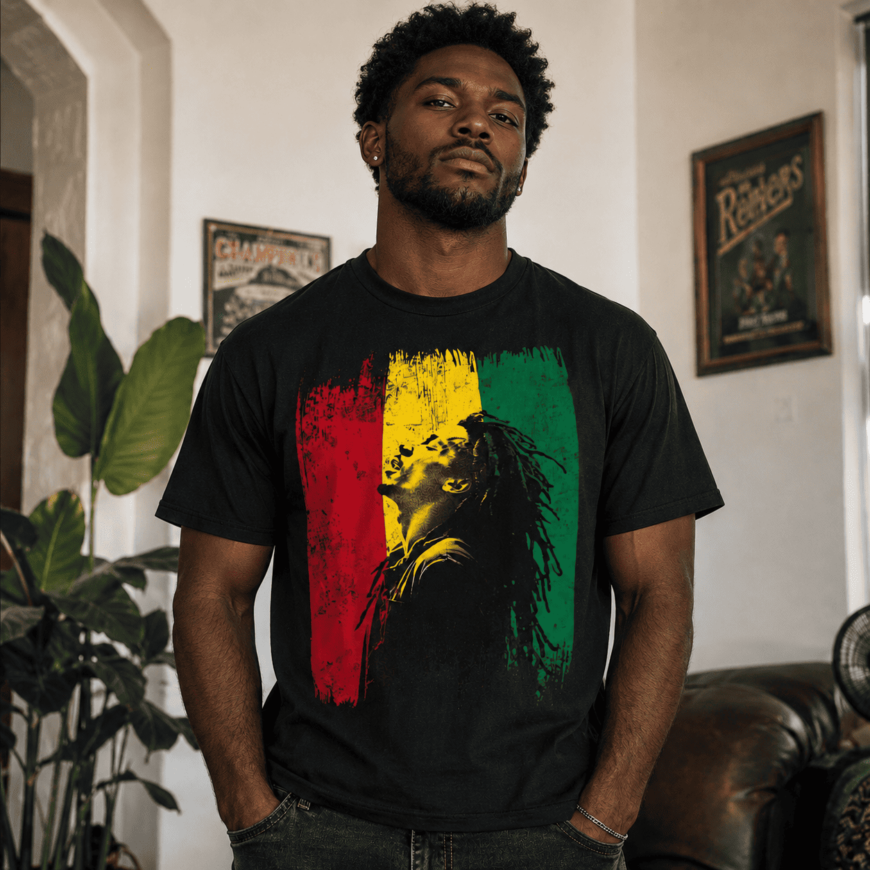 Reggae Legend Tribute Graphic Tee - Rasta Colors Silhouette Music T-Shirt