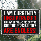 Funny Currently Unsupervised Metal Tin Sign Vintage Red and Black Sarcastic Art