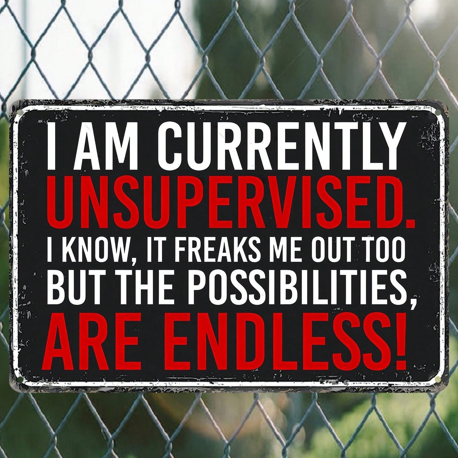 Funny Currently Unsupervised Metal Tin Sign Vintage Red and Black Sarcastic Art