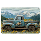 Rustic Farm Truck Metal Sign Retro Floral Pickup Mountain Landscape Wall Decor