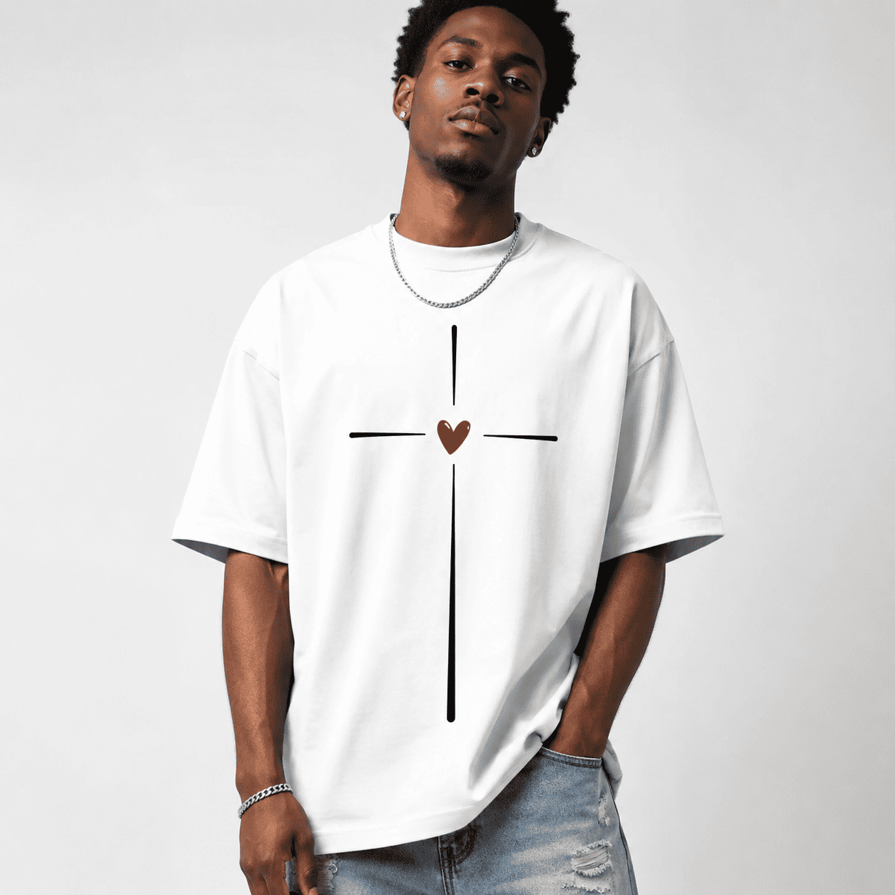 Men's Cross Heart Graphic T-Shirt Christian Faith Casual Short Sleeve Tee