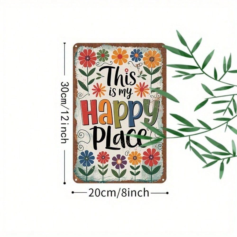 Vintage This Is My Happy Place Metal Tin Sign - Retro Colorful Floral Wall Art