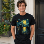 Starry Night Cat T-Shirt: Vincent Van Gogh Style, Black Cat Lover Gift TShirt