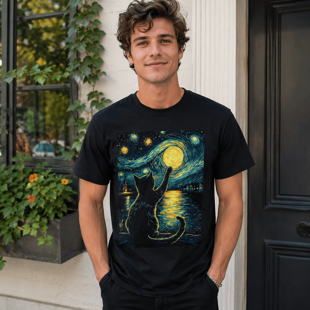 Starry Night Cat T-Shirt: Vincent Van Gogh Style, Black Cat Lover Gift TShirt