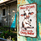 Funny Cow Metal Sign - Retro Crazy Heifer Farmhouse Tin Wall Decor