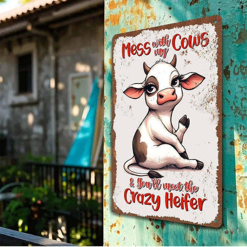 Funny Cow Metal Sign - Retro Crazy Heifer Farmhouse Tin Wall Decor