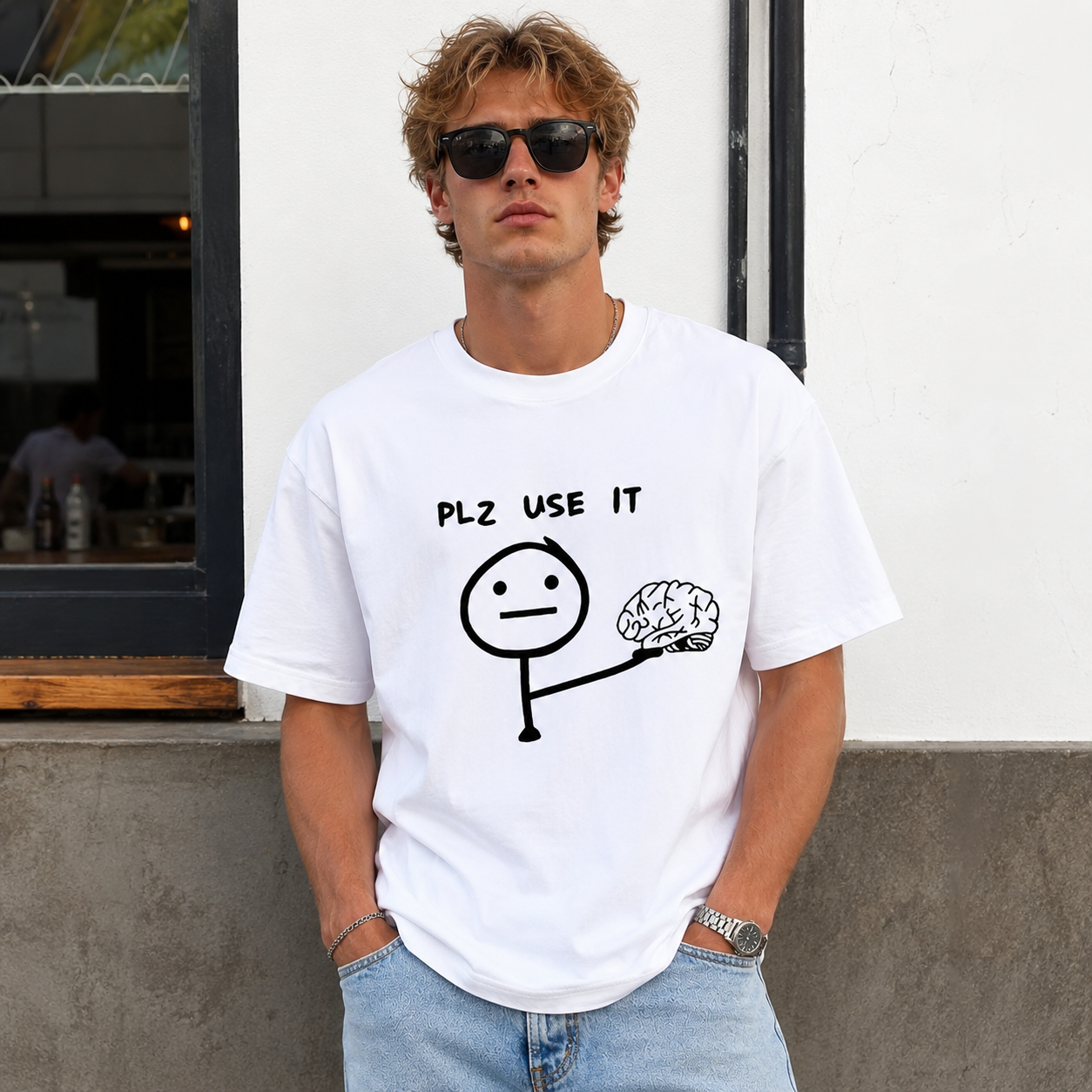 Funny Brain T Shirt PLZ USE IT Graphic Tee Unisex White Short Sleeve