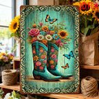 Floral Cowboy Boots Metal Sign - Retro Western Country Tin Wall Decor Plaque