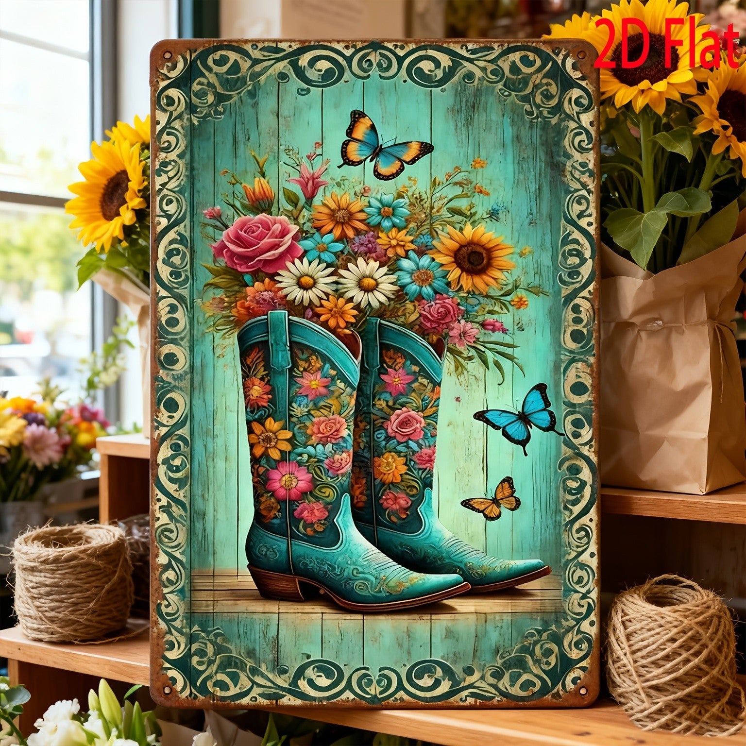 Floral Cowboy Boots Metal Sign - Retro Western Country Tin Wall Decor Plaque