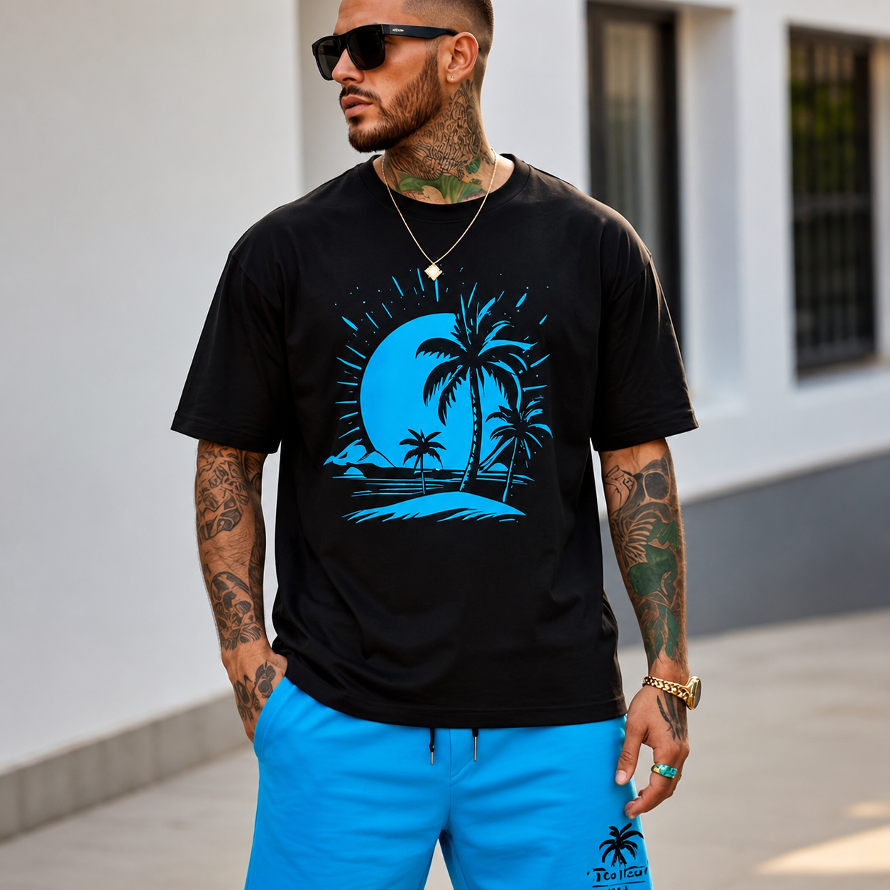 Tropical Palms Sunset Graphic Tee - Minimalist Blue Coastal Streetwear Shirt