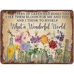 Metal Wall Sign "What a Beautiful World" with Green Rose Tree and Dragonfly