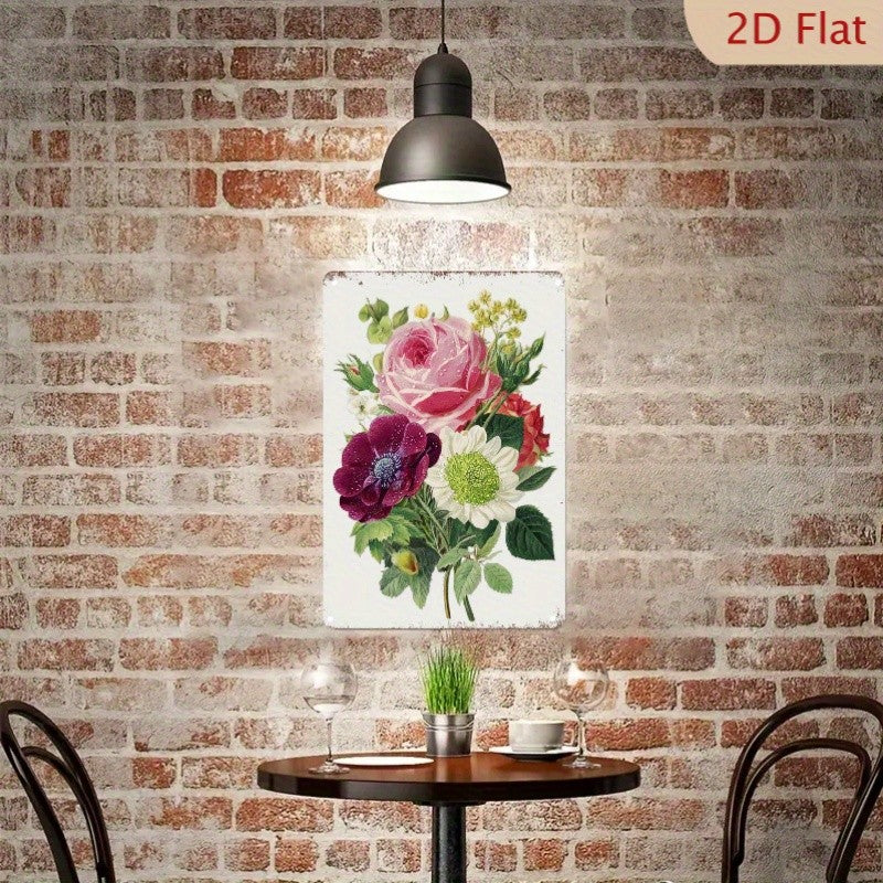 Rustic Botanical Rose Metal Sign - Retro Floral Bouquet Tin Wall Decor
