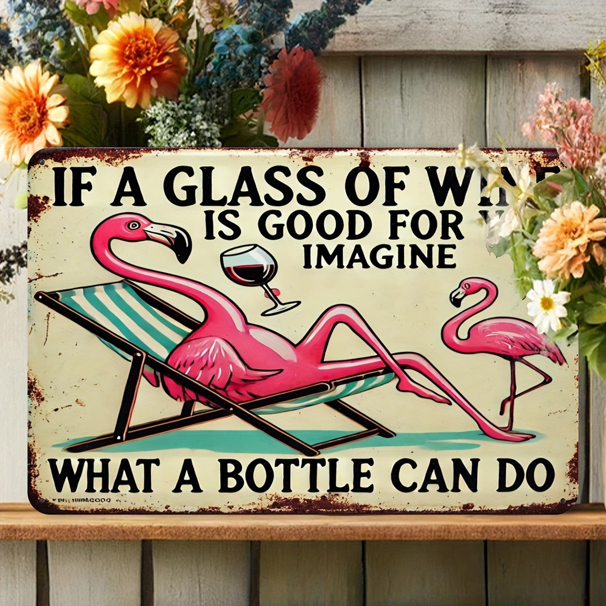 Funny Flamingo Wine Metal Sign - Retro If A Glass Is Good For You Tin Decor