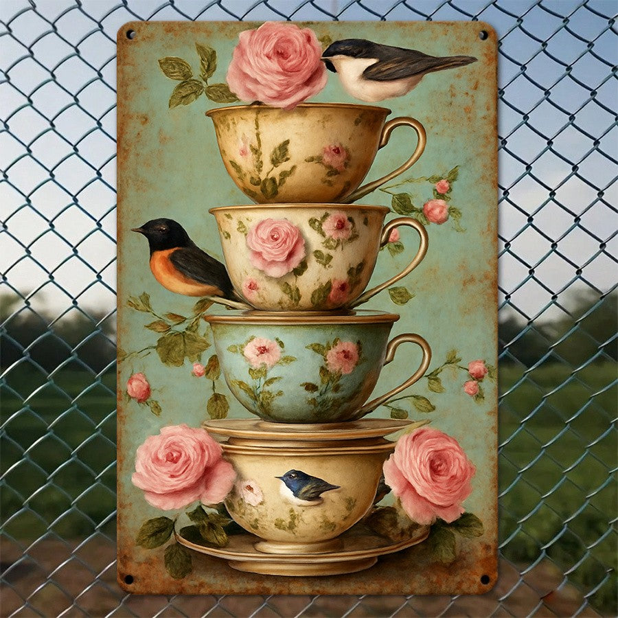 Vintage Teacup Birds Metal Sign - Retro Cottagecore Rose Floral Wall Decor