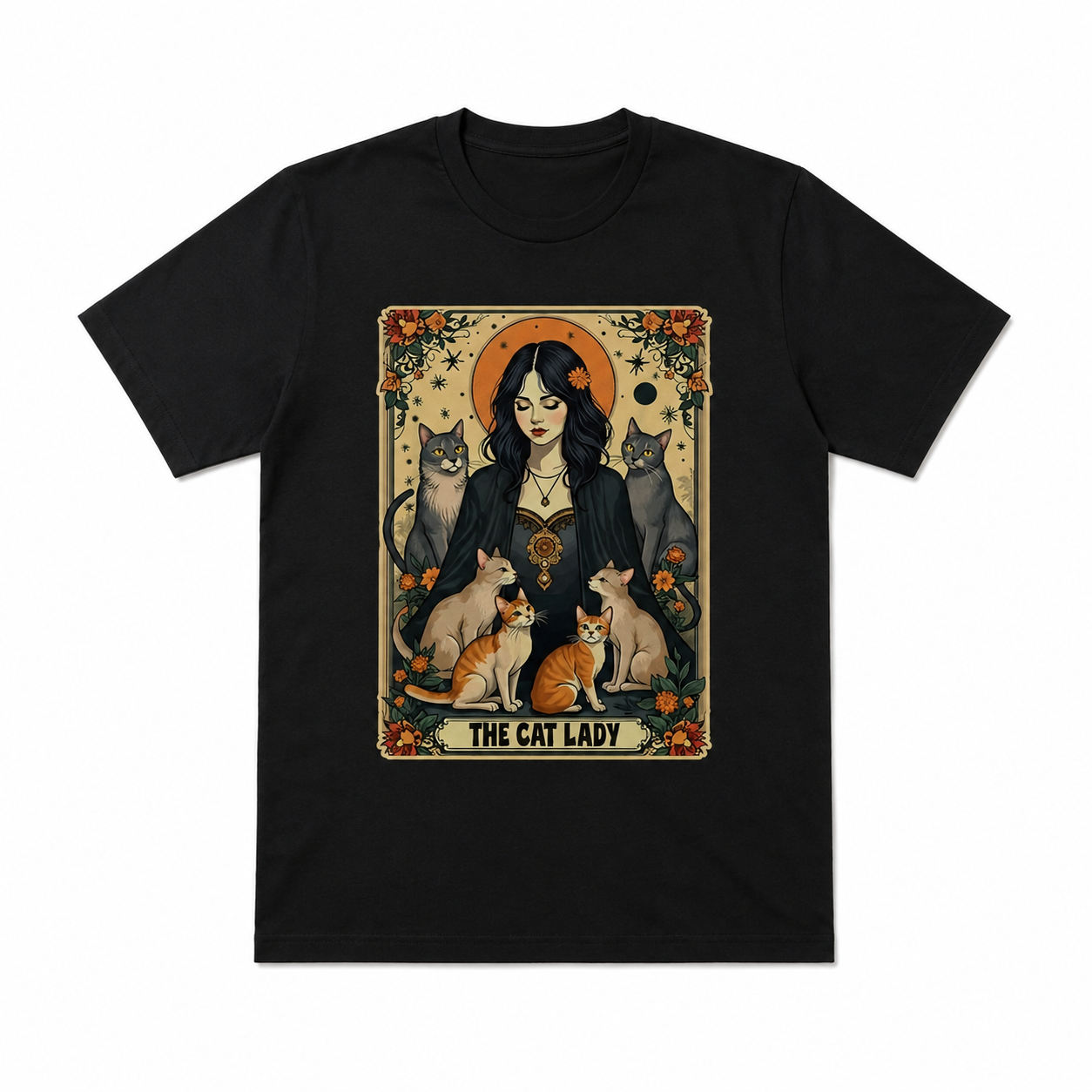 Cat Lady Tarot Card Graphic T-Shirt Gothic Witchy Cat Mom Mystic Aesthetic Tee