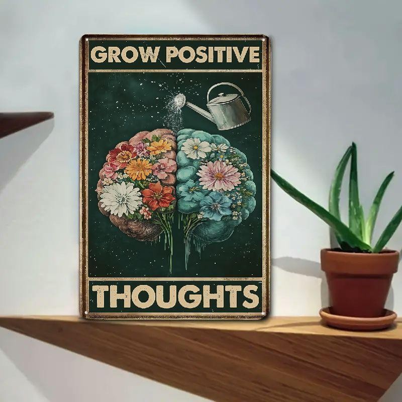 Grow Positive Thoughts Tin Sign Vintage Metal Brain Floral Garden Wall Decor