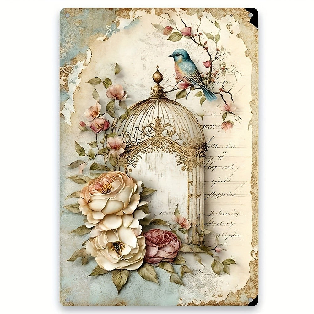 Cottagecore Bluebird Floral Tin Sign - Antique Script Handwriting Metal Poster