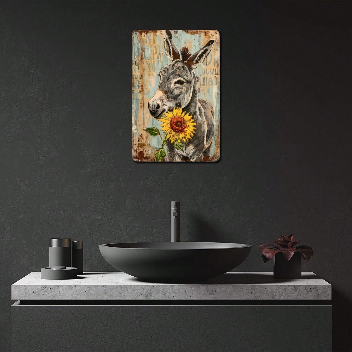 Retro Country Farm Donkey Metal Tin Sign - Cute Sunflower Barn Wood Wall Art