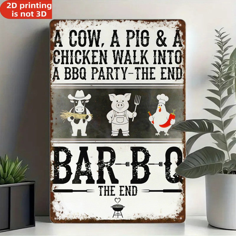 Funny BBQ Metal Sign - Retro "Cow, Pig & Chicken" Humorous Tin Decor