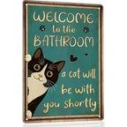 Welcome To The Bathroom Tin Sign Funny Tuxedo Cat Metal Sign Restroom Wall Decor